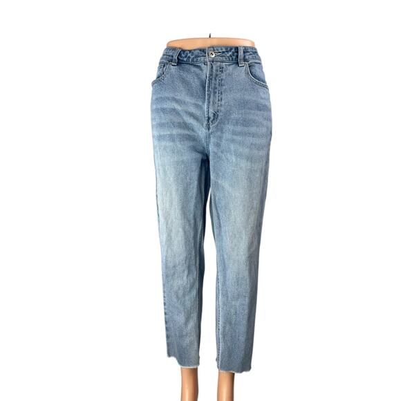 Something Navy Blue Raw Hem High Waisted Straight Leg Denim Jeans Pants Size 10 - Picture 1 of 5